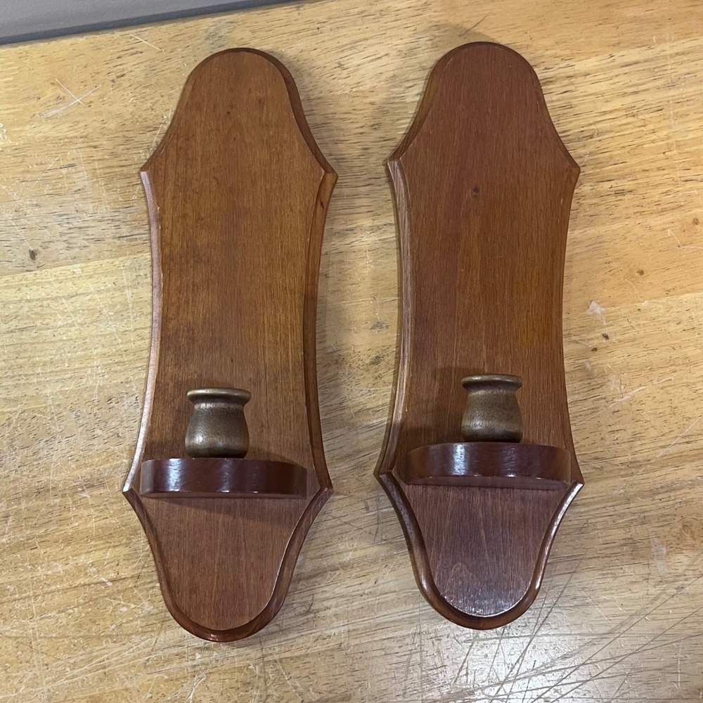 Vtg Pair Wood Wall Sconces Taper Candle Holders Brown Colonial Rustic 14"